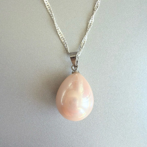 Rose Pink Faux Pearl Simulant Pear TearDrop Pendant Sterling Silver Necklace - Picture 1 of 7